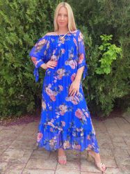 Копринена   рокля с цветя в синьо