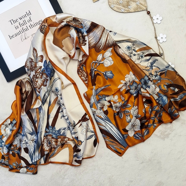Satin scarf in brown and beige with floral motifs