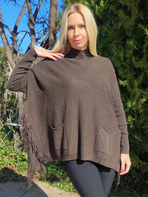 Elegant women's blouse with fringes and pockets in dark brown