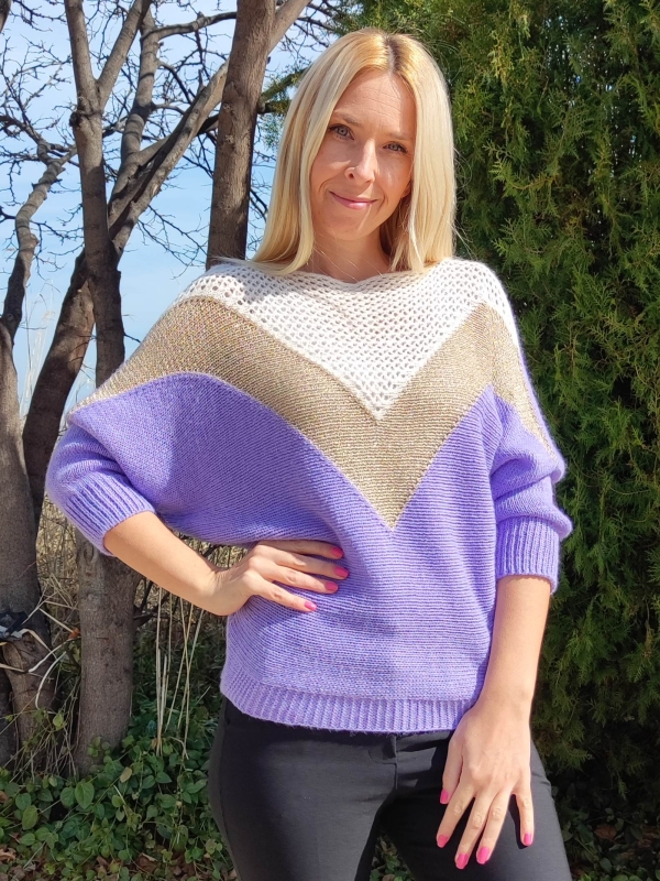 Women's sweater in purple with a V-neck and gold accent