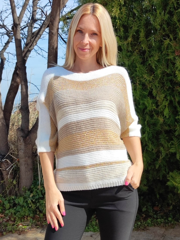 Spring women's sweater in beige, white and gold