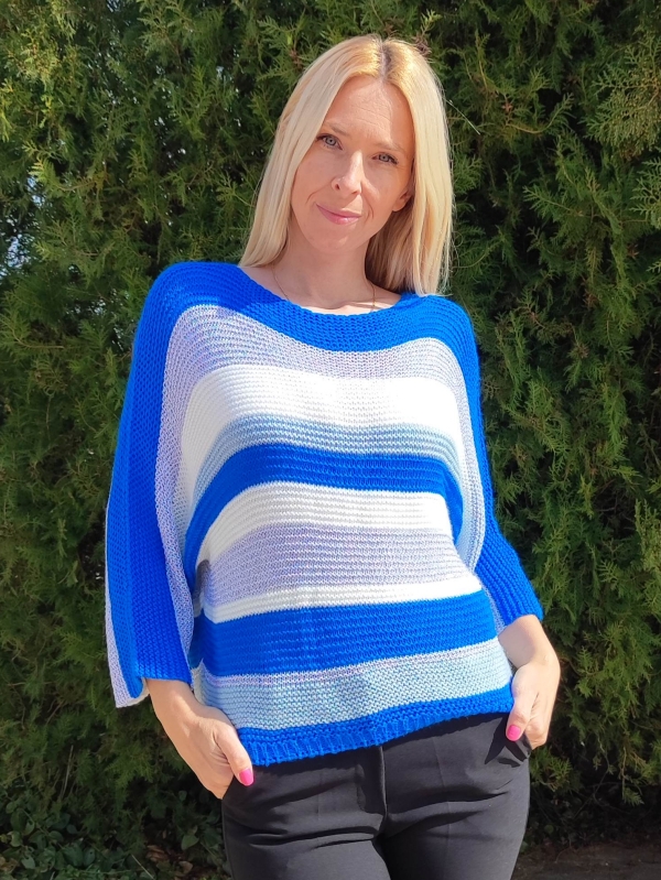 Spring women's sweater in blue, white and silver