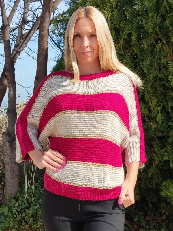 Women's sweater - striped in cyclamen, beige and gold