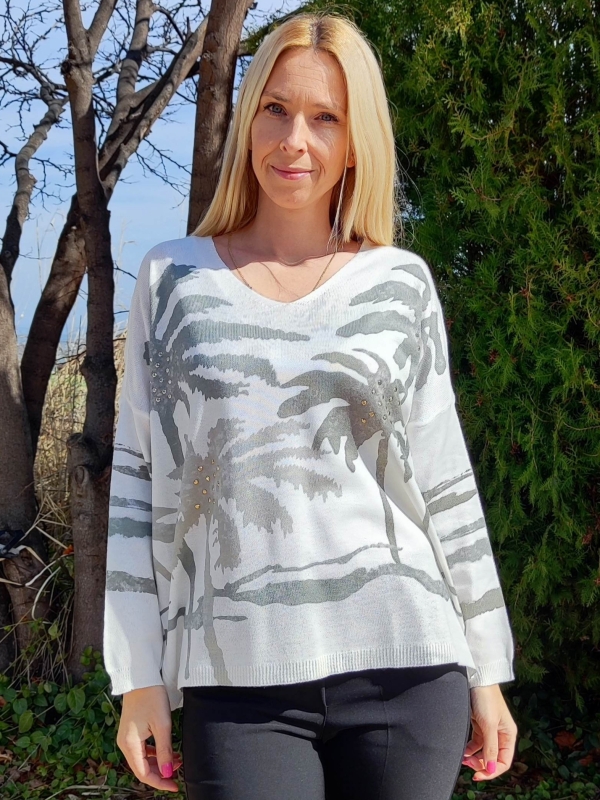 Women's blouse in white with green palm tree print