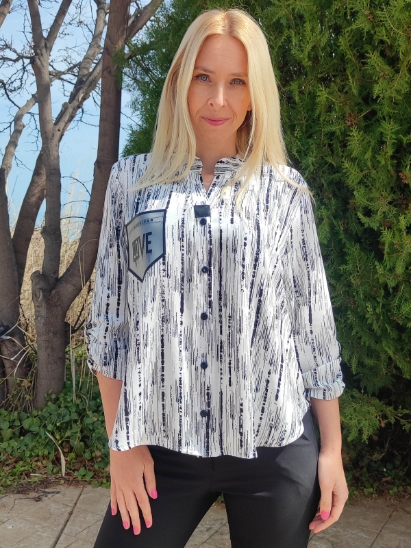 Elegant women's white shirt with black print