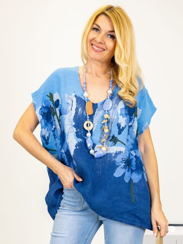 Linen blouse with ribbon in blue