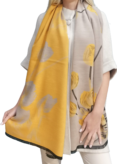Luxurious women's shawl with floral print in yellow and beige