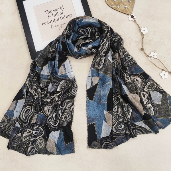 Luxurious women's scarf with artistic pattern in blue