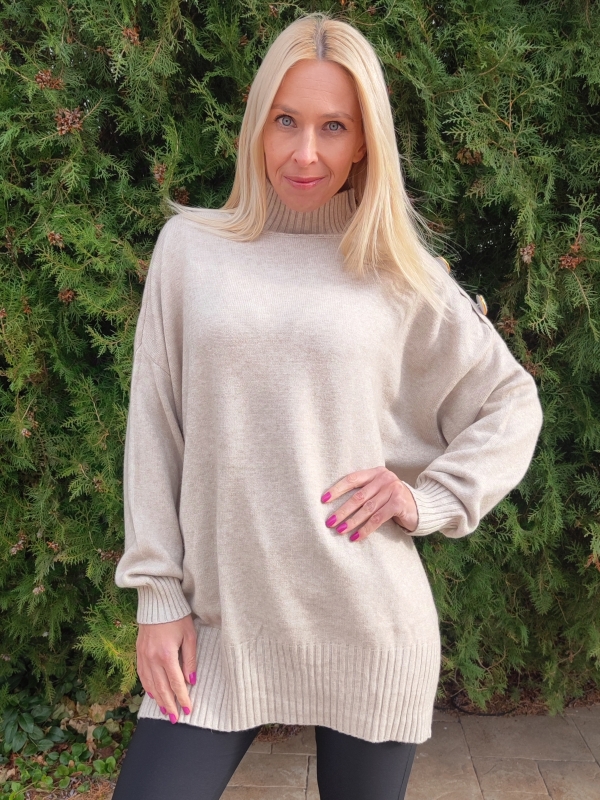 Women's sweater with high collar and buttons in beige