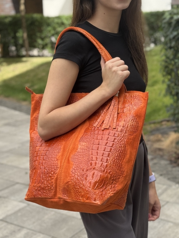 Orange crocodile-print suede handbag