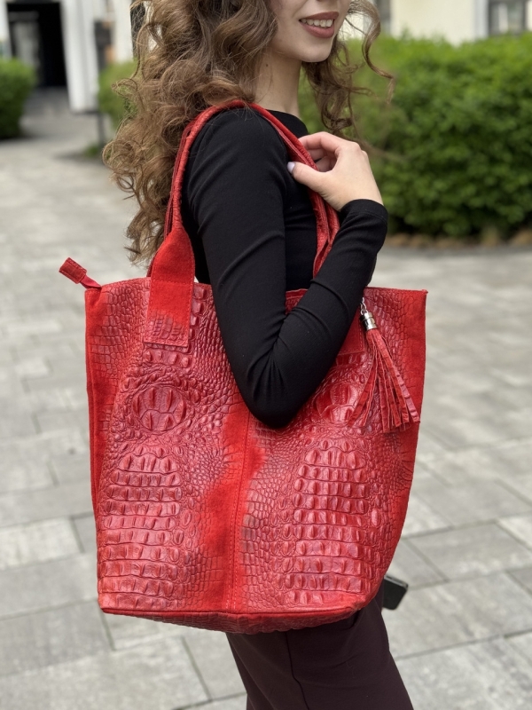 Red crocodile-print suede handbag