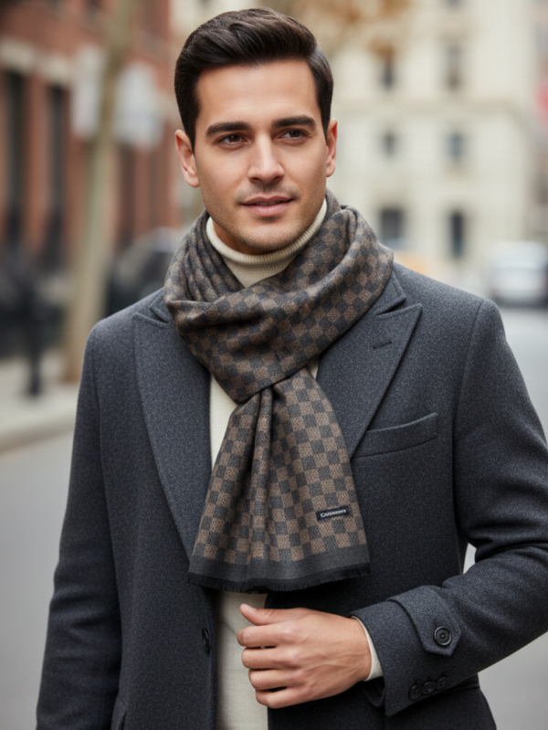 Men's cashmere scarf in gray and brown with check - Winter accessory