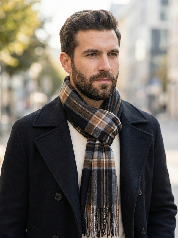 Мъжки кашмирен  шал "London Style" – Класическо каре в чеено кафяво