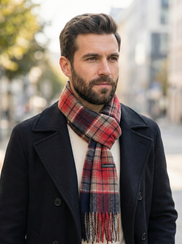Мъжки кашмирен  шал "London Style" – Класическо каре в чеено кафяво