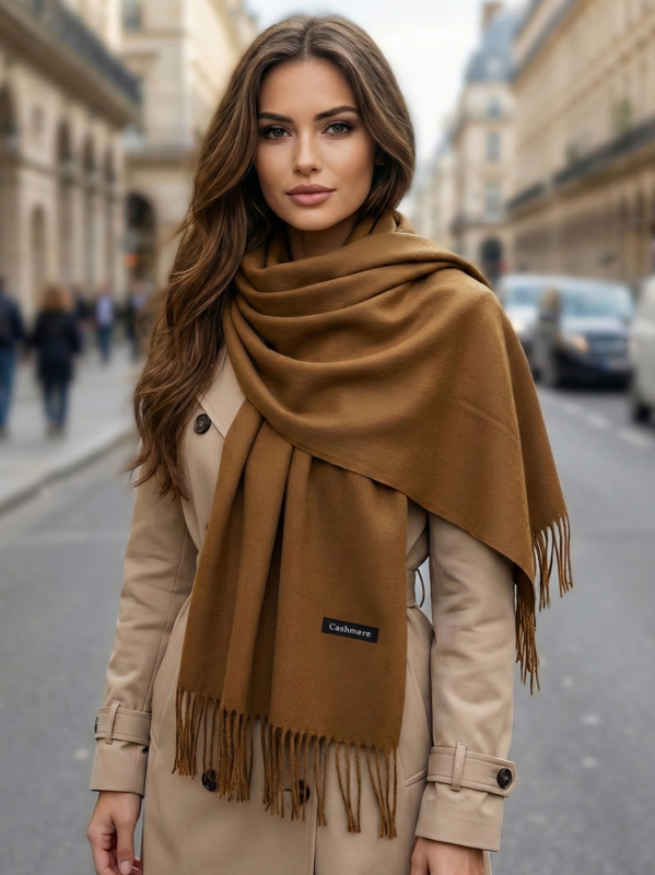 Едноцветен шал от кашмир в кафяво   | UniqueFashion