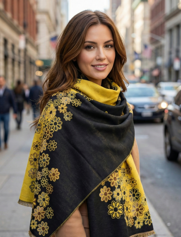 Зимен дамски шал в жълто и черно
