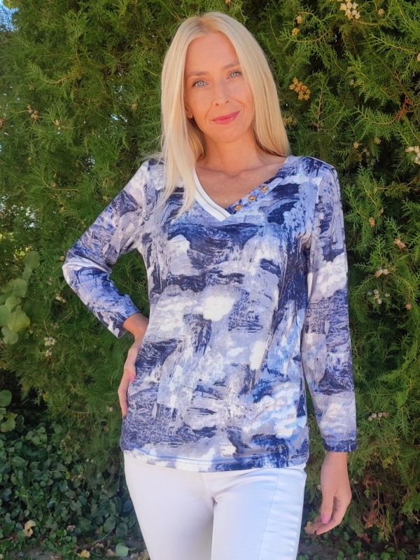 Women's blue viscose blouse with V-neck and long sleeves - sizes up to 52