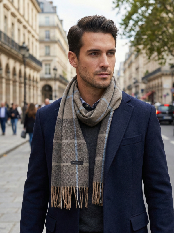 Man wearing a cashmere plaid scarf