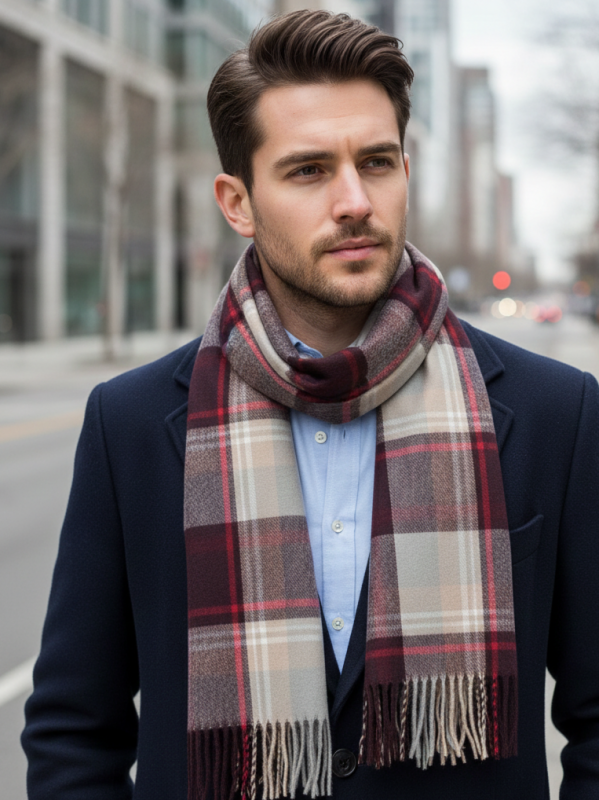 Man wearing a coat and a men's cashmere plaid scarf