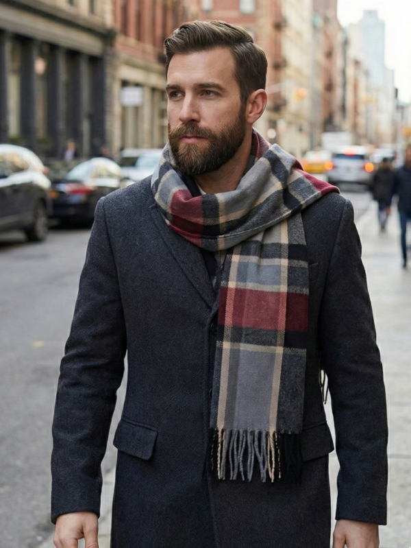 Men's Cashmere Scarf "London Style" – Classic Check in Black , Grey and Burgundy 