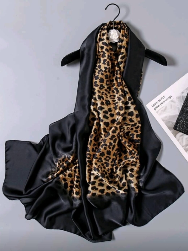 Elegant women's satin scarf with leopard print and black border from Unique Fashion Online