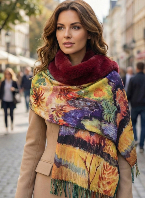 Women's viscose scarf with tree print and burgundy down collar