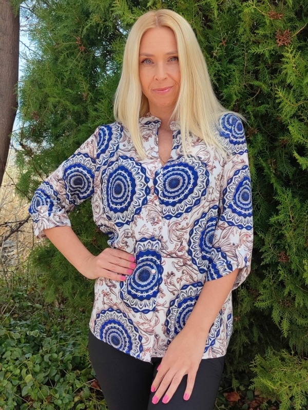 Women's maxi viscose shirt in profile with blue ornaments