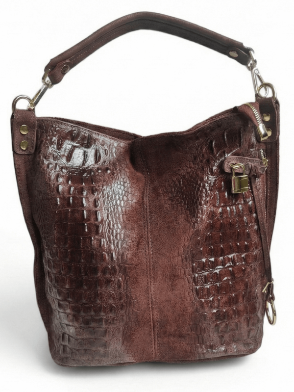 Тъмно кафява дамска чанта с кроко ефект