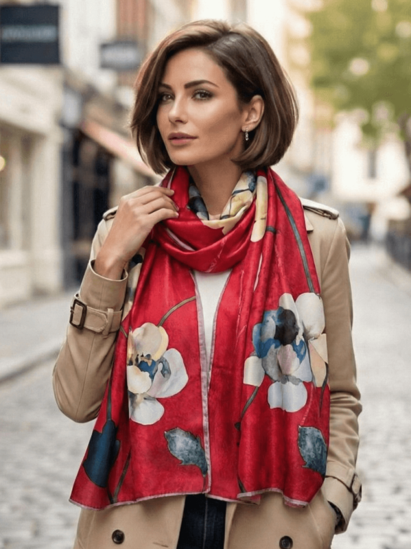 Lady with elegant red silk and viscose scarf, urban style, fashion accessory
