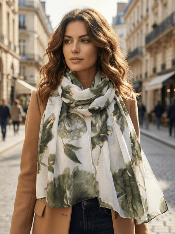 Women's viscose scarf with large green flowers and gold accents (88x180 cm)