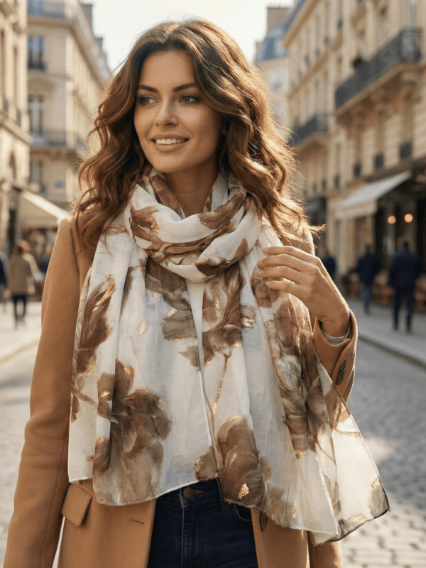 A women's scarf with brown flowers and gold details, worn by a woman with a beige coat in an urban environment.