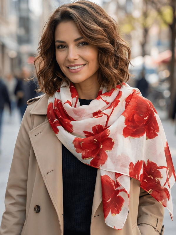 Lady with a beige trench coat and an airy spring scarf with red roses