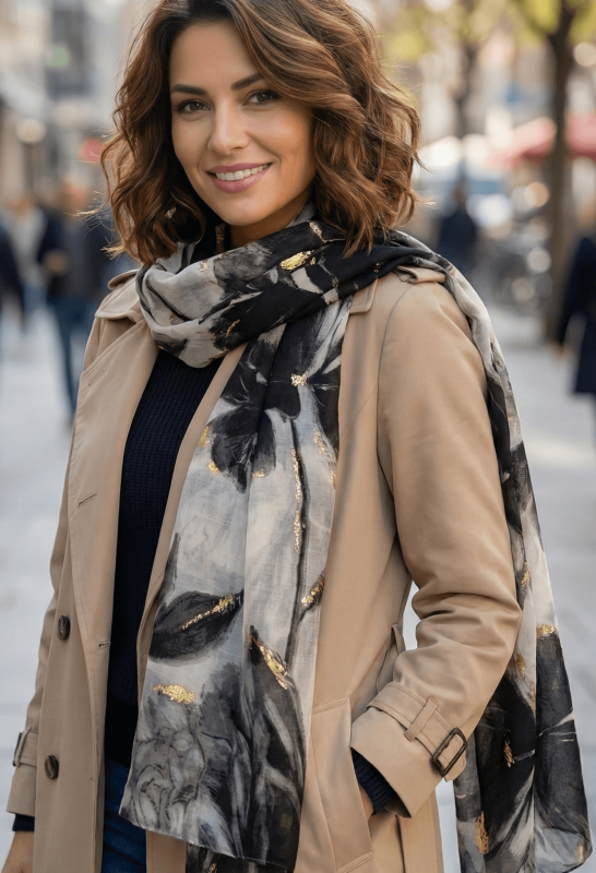 An elegant look with a white scarf with black flowers and a beige trench coat.