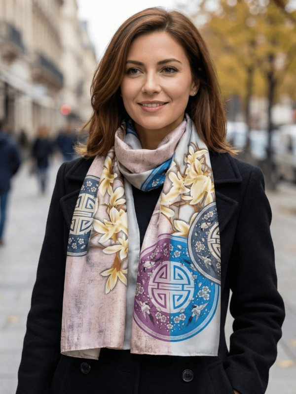 Дама с палто, носеща елегантен шал в розово и синьо с флорални мотиви и геометрични фигури.