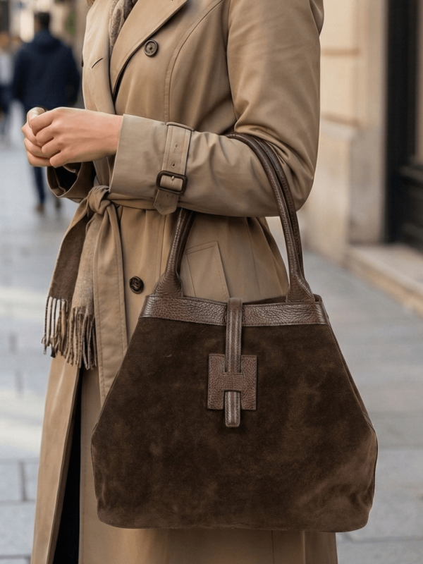 луксозна дамска чанта от естествен велур и кожа