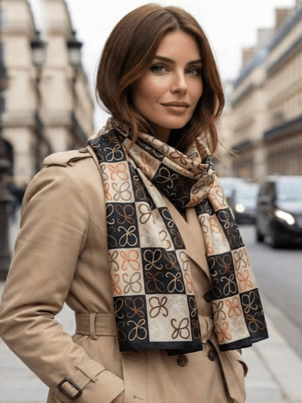 Дамски шал с коприна и вискоза в бежово и черно, стилизиран с тренчкот, есенна мода.