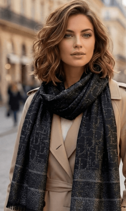 Black women's scarf with letters and shiny thread, luxurious viscose accessory