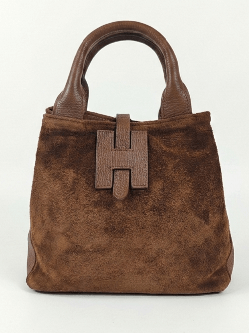 Small brown 2-in-1 handbag made of genuine leather and suede