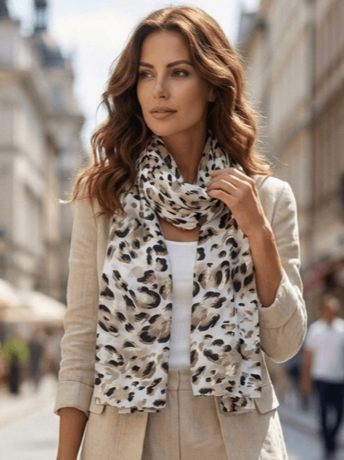 Long women's viscose scarf with leopard print.