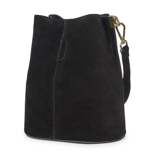 Черна дамска чанта от естествен велур със златисти елементи