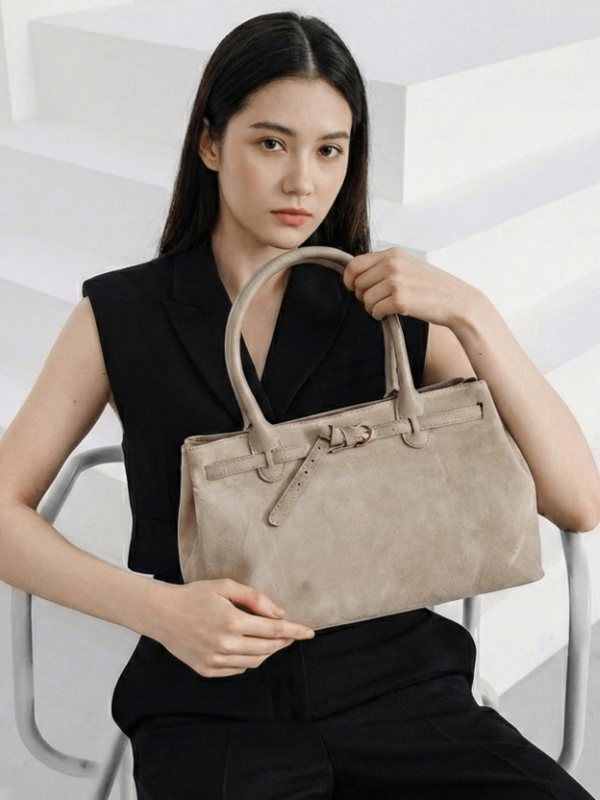 Елегантна светло бежова чанта от велур и естествена кожа от магазин Unique Fashion.