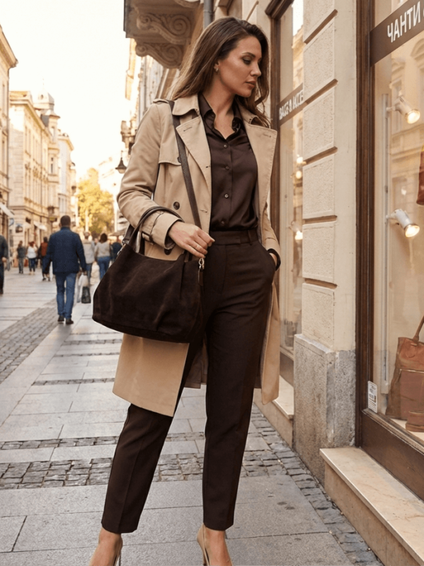 Дамска чанта от естествен велур Флоренция  в Тъмно кафяво