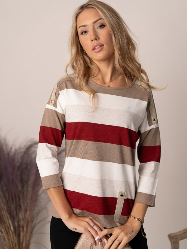 Women's viscose blouse with 3/4 sleeves and decorative eyelets in white, beige and burgundy