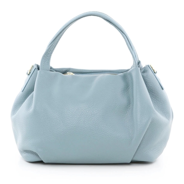 Elegant light blue handbag made of genuine leather, front part