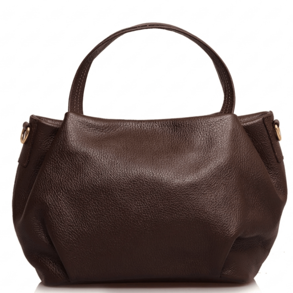 Класическа кафява дамска чанта естествена кожа със златисти метални елементи