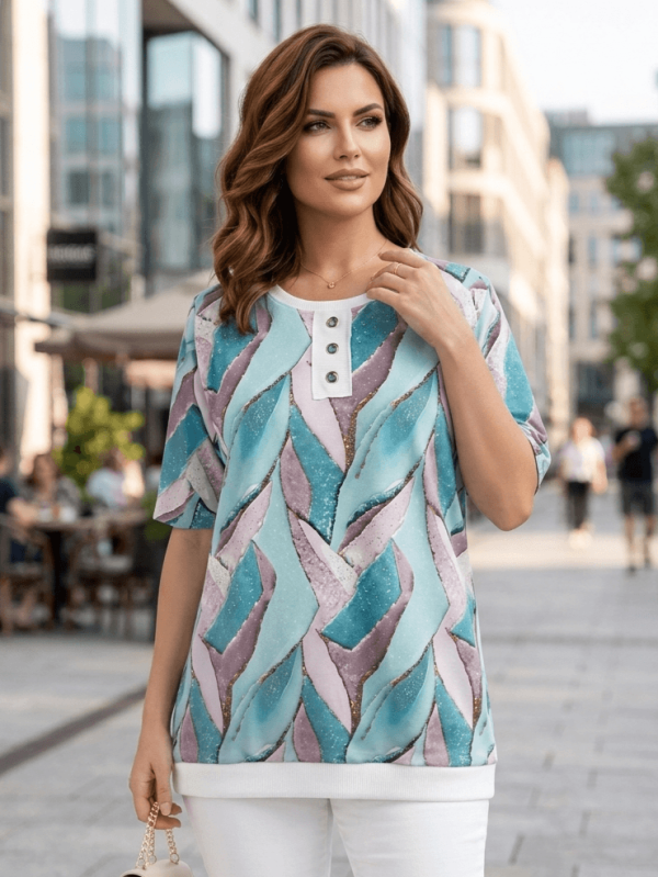 Women's tunic in turquoise, lavender and shiny copper colors with three eyelets at the neckline.