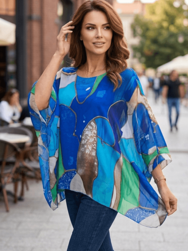 Women's Italian silk tunic in blue with abstract print, one size fits all.