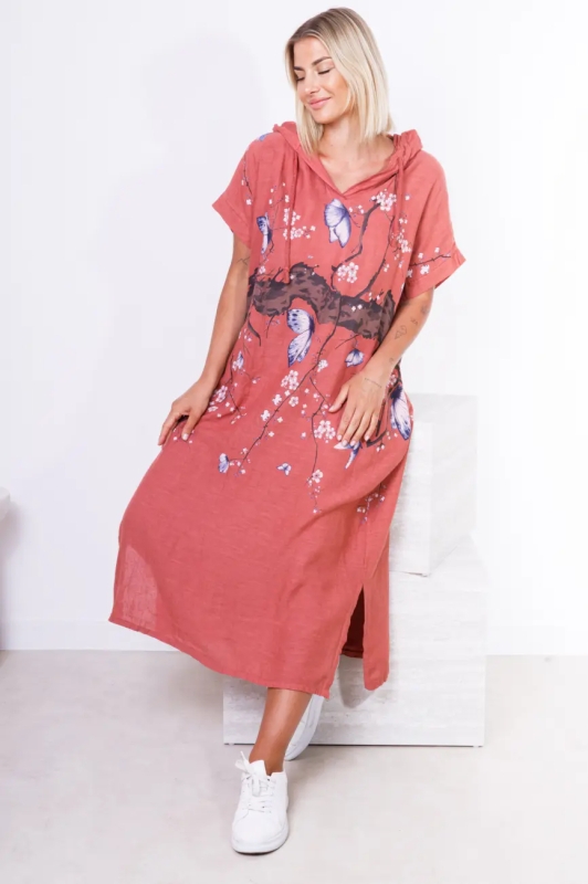 Linen Dress with Hood and Butterflies - 3 Colors | Unique Fashion Online