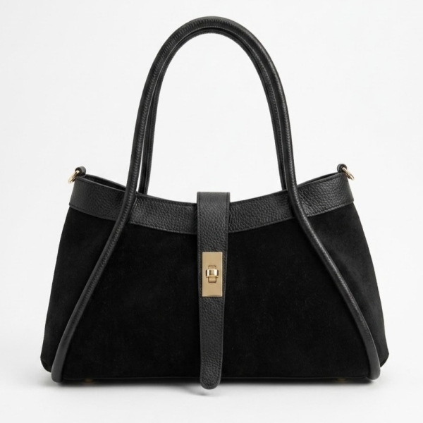 Black luxury handbag made of genuine leather and suede with a gold clasp