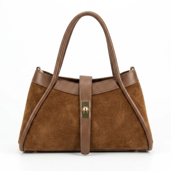 The luxurious Italian handbag is made of high-quality brown suede and smooth genuine leather.
